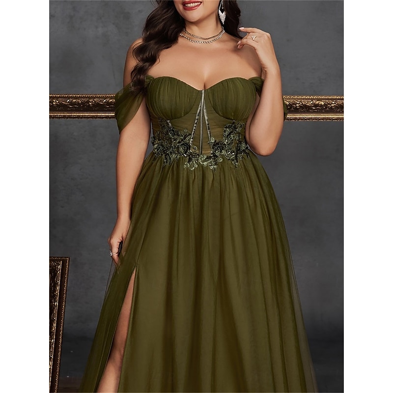 A-Line Plus Size Dresses Elegant Curve Dress Formal Wedding Floor Length Sleeveless Off Shoulder Chiffon Backless with Slit2