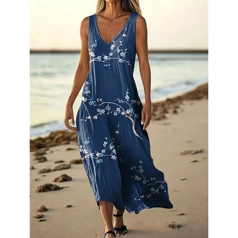 Women's Long Dress Maxi Dress Casual Dress Tank Dress Summer Dress Vintage Daily Holiday Beach Regular Fit Floral Sleeveless V Neck Royal Blue Blue Dark Green Light Purple Summer4