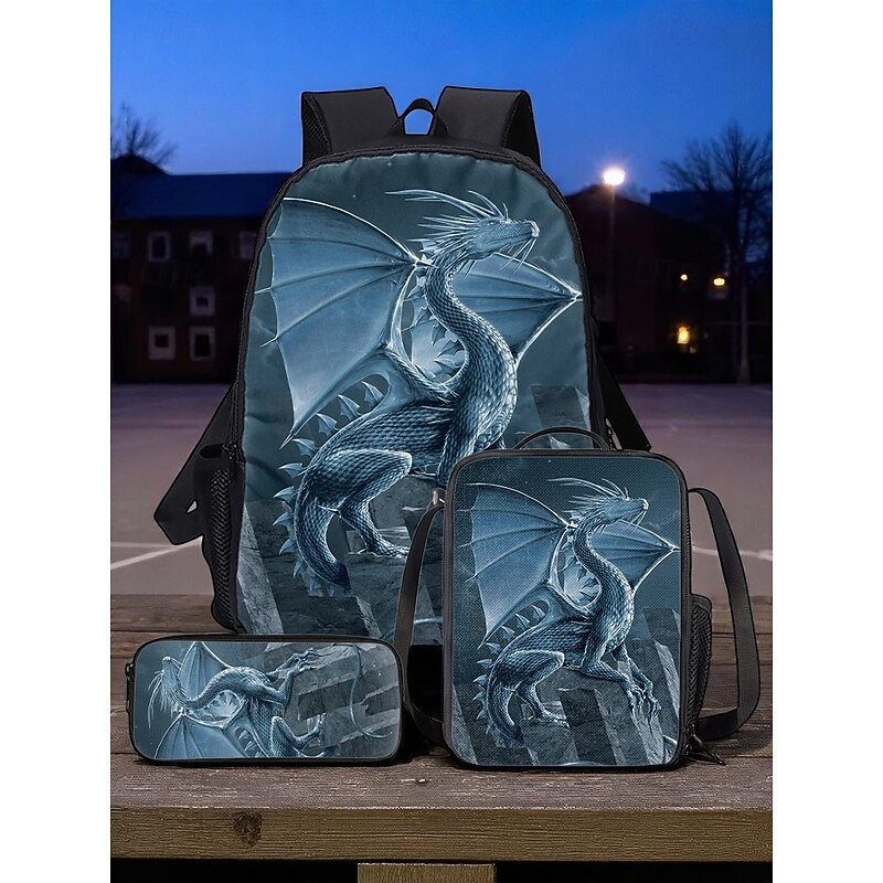 3-Piece Dragon Backpack Set for Kids – Fantasy Blue Dragon School Bag with Lunch Bag & Pencil Case, Durable Lightweight Bookbag for Boys & Girls, Perfect for School, Travel & Gifts Vincent Hie