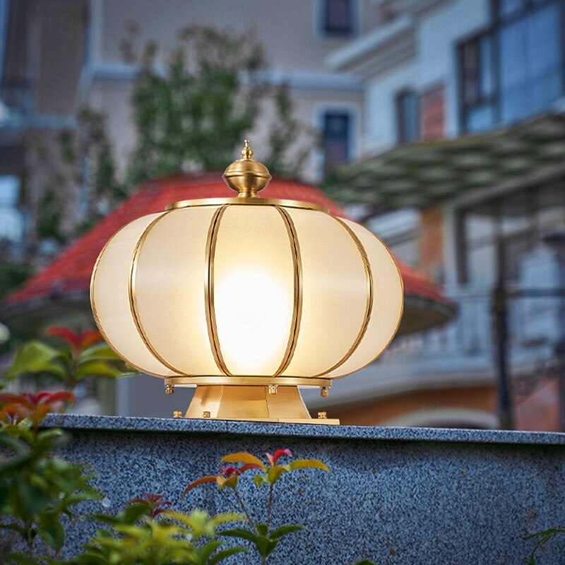 Classic Pure Copper Column Lights, Traditional Waterproof IP45 Garden Post Light Modern Fence Pillar Lamp with Glass Lampshade Outdoor External Patio Landscape Glass Post Lantern E263