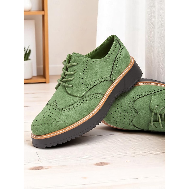 Women's Green Faux Suede Oxford Shoes – Classic Wingtip Brogues with Rubber Sole for Workwear, Fall Commute and Everyday Smart Looks