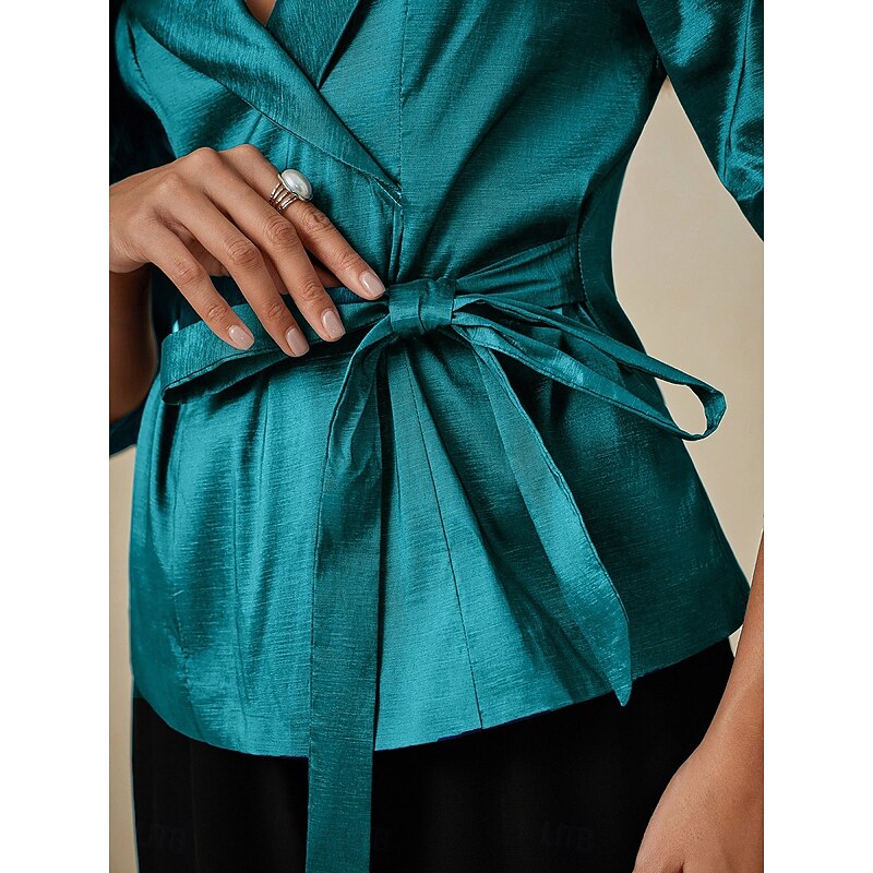 Women's Blouse Evening Tops Elegant Metallic Stylish 3/4 Length Sleeve V Neck Regular Tops Wedding Guest Evening Party Semi Formal Tie Front Deep Teal Spring, Fall, Winter, Summer4