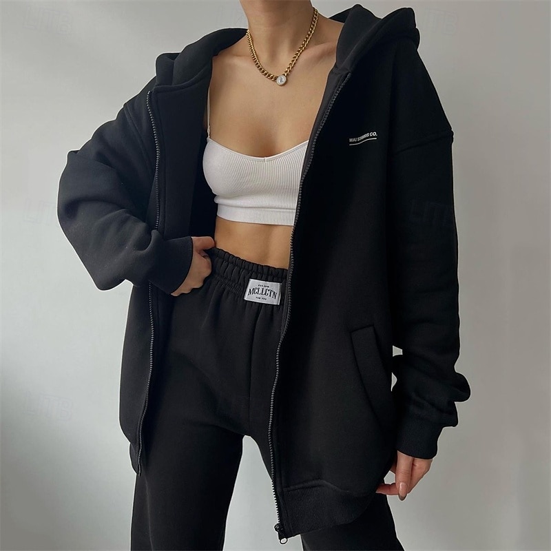 Women's Tracksuit Sweatpants Hooded Jacket Baggy Zipper Pocket Solid Colored Clothing Suit Fall Black Dark Gray Gym Workout Sports Windproof Long Sleeve Sport Activewear Micro-elastic Regular Fit4