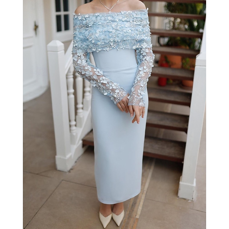 Sheath / Column Cocktail Dresses Detachable Cape Stretch Crepe Elegant Dress Formal Wedding Tea Length Sleeveless Off Shoulder  with Floral Beading Lace