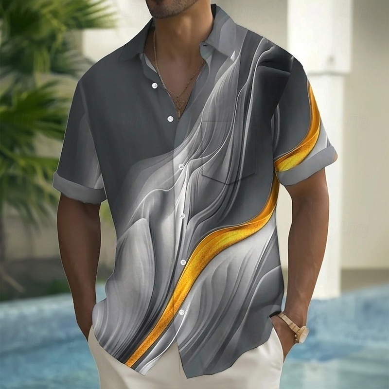 Men's Gradient Waves Shirt Summer Shirt Button Up Shirt Short Sleeve Fashion Casual Outdoor Vacation Dailywear Summer Spring Turndown 3D Print Collared Shirts Front One Pocket Blue Purple Green Khaki