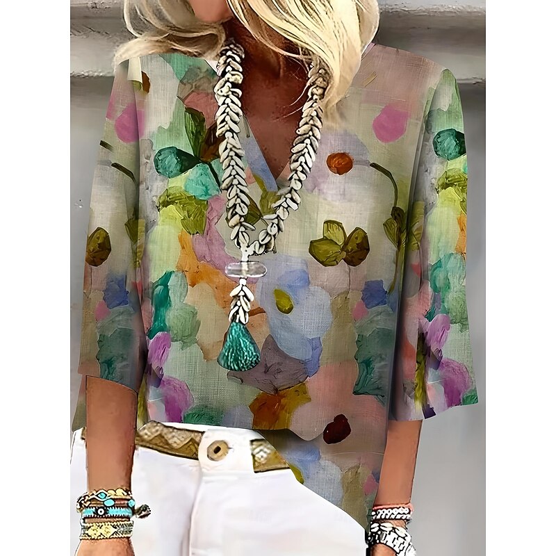Women's Blouse Button Down Floral Graphic Elegant Stylish Casual 3/4 Length Sleeve V Neck Regular Tops Daily Holiday Going out Ruched Embroidered Print Pink Purple Green Summer Spring2
