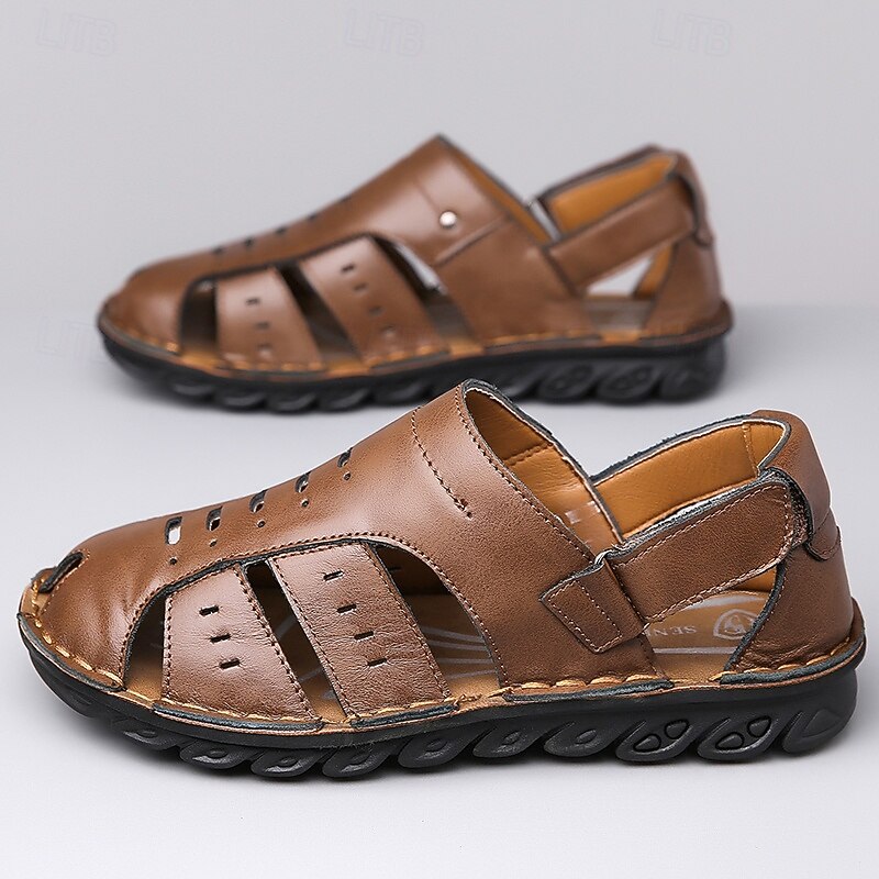 Men's Brown Faux Leather Closed-Toe Sandals Breathable Cut-Out Design with Anti-Slip Sole Ideal for Summer Walking Outdoor and Casual Use4