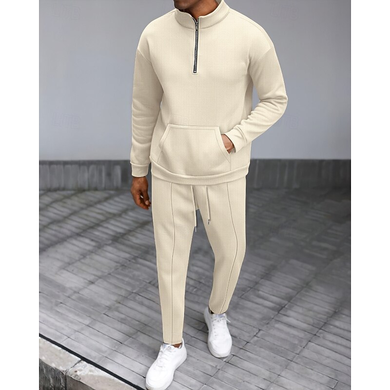 Men's Tracksuit Sweatpants Track Top Zipper Pocket Solid Colored Clothing Suit Fall Black White Gym Athleisure Running Windproof Long Sleeve Sport Activewear Stretchy Regular Fit
