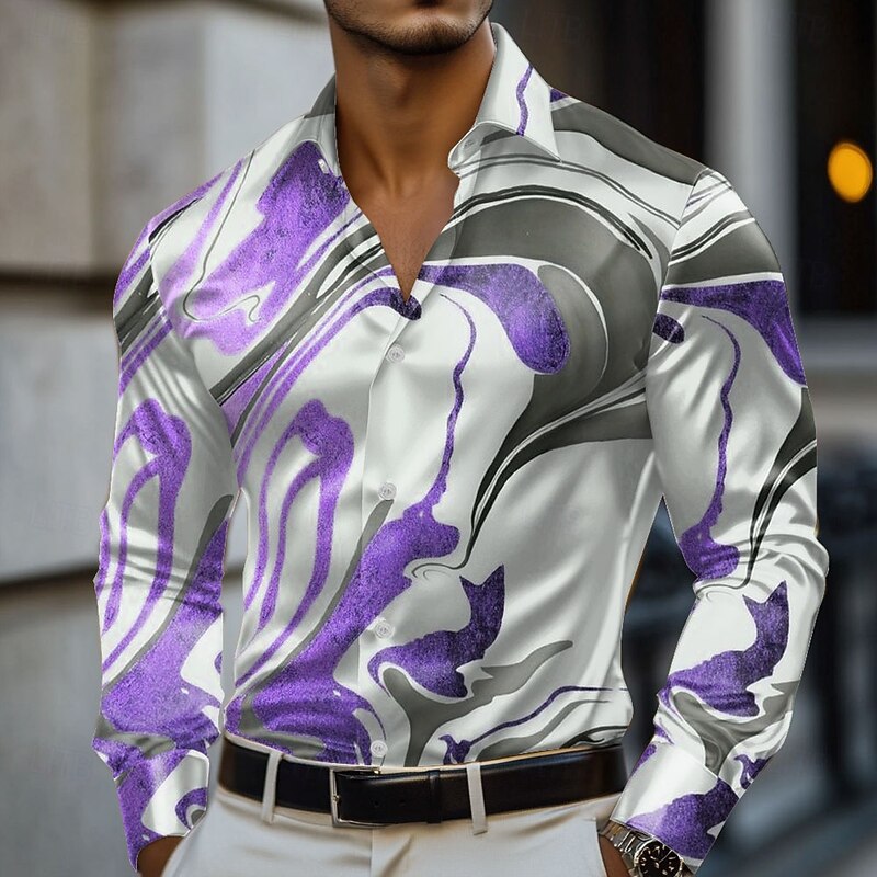 Men's Geometric Marble Abstract Art Satin Shirt Dress Shirt Long Sleeve Fashion Casual Vacation Holiday Summer Spring Fall Turndown Collared Shirts 3D Print Button Up Shirts Blue Purple Gold Green4