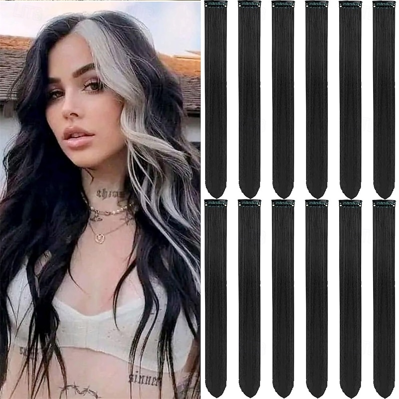 12 PCS Black Hair Extensions Clip in 22 Inch Colored Hair Extensions Party Highlights Long Straight Synthetic Hairpieces for Women Kids Girls