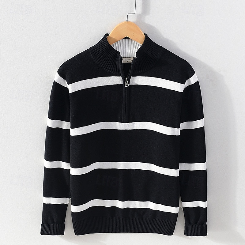 Women's Pullover Casual Striped Chunky Turtleneck Zipper Knitted Long Sleeve Regular Tops Knit Daily Holiday Going out Black White Fall Winter3