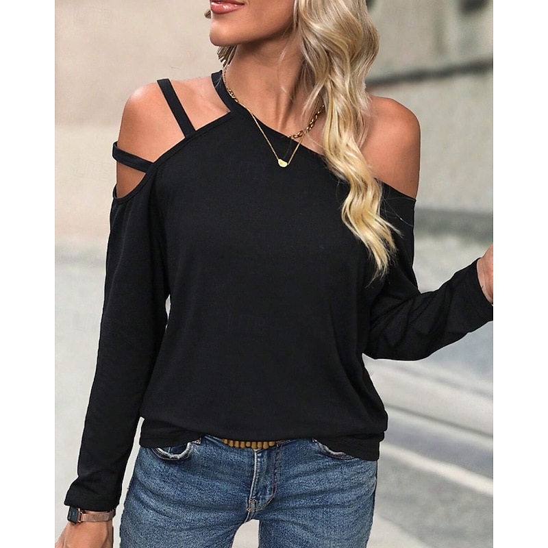 Women's Blouse Solid Color Modern Long Sleeve Cold Shoulder Regular Tops Daily Holiday Cut Out Black Summer4