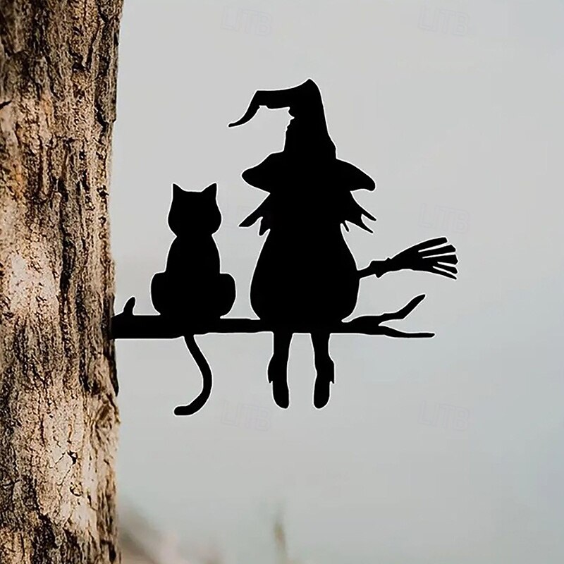 Halloween Yard Decoration Metal Silhouette, Cute Witch and Cat Waterproof Metal Garden Stake, Halloween Outdoor Yard Art Decoration3