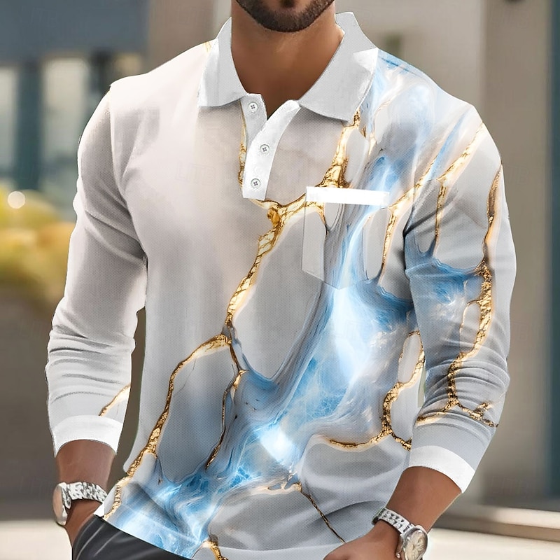 Men's Abstract Marble Polo Long Sleeve Polo Shirts Collared Shirts Business Casual Business Athleisure Daily Wear Pocket 3D Print Buttons Spring Fall Winter Red Blue Purple