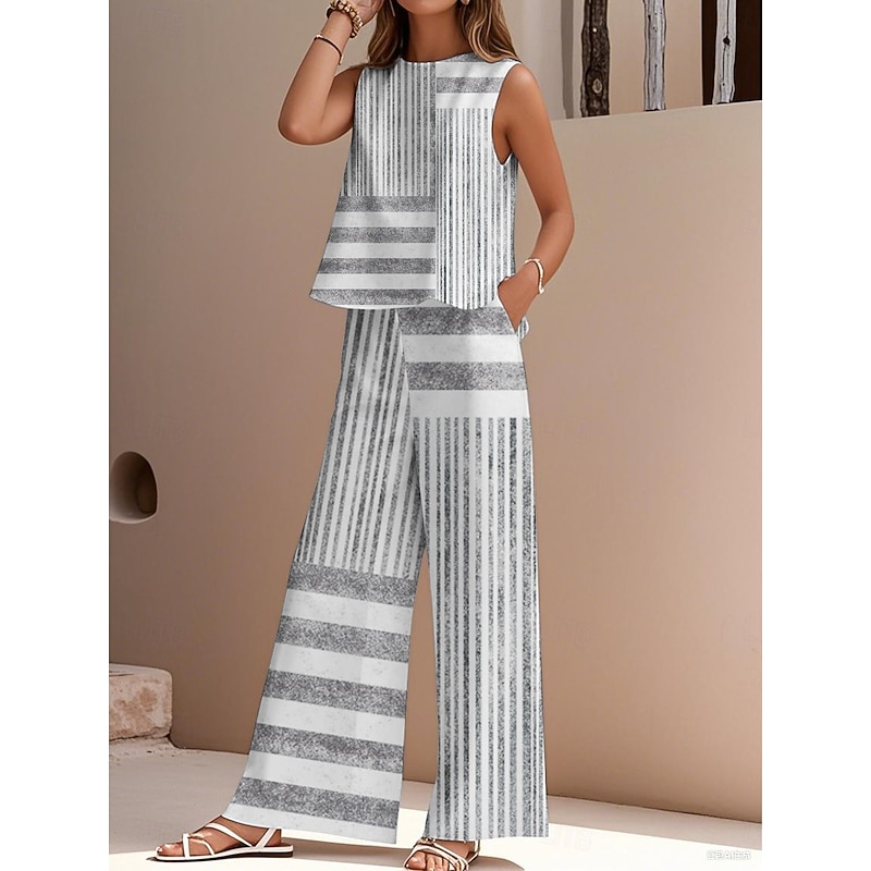 Women's Elegant Fashion Streetwear Two Piece Sets Blouse Vest Pants Trousers Sleeveless Crew Neck Outdoor Work Casual Striped Print Vacation Daily Holiday Pink Blue Gray Summer Regular Fit