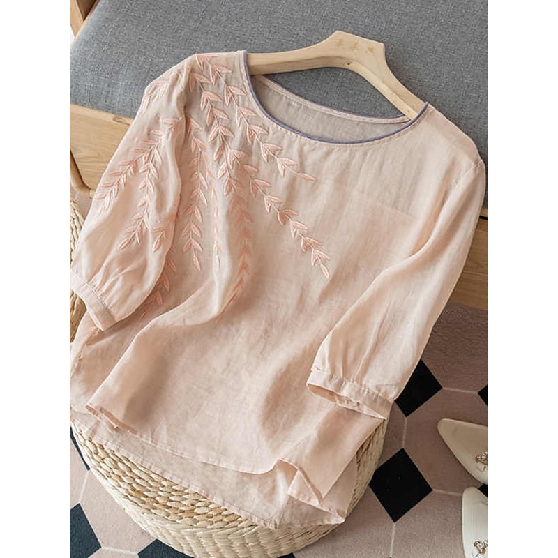 Women's Cotton Linen Shirts Floral Basic Casual 3/4 Length Sleeve Crew Neck Regular Tops Daily Embroidered Black Yellow Pink Blue Summer