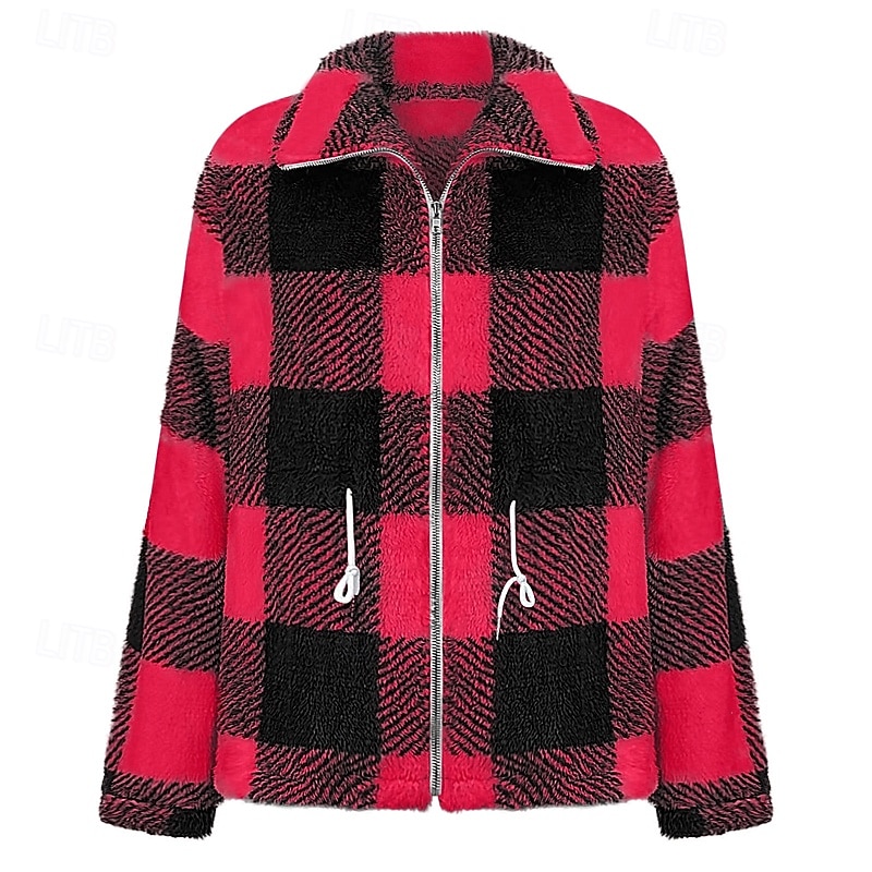 Women's Casual Jacket Warm Comfortable Zipper Pocket Casual Plaid Street Going out Weekend Zipper Regular Turndown Regular Fit Long Sleeve Outerwear Black Yellow Pink Fall Winter3