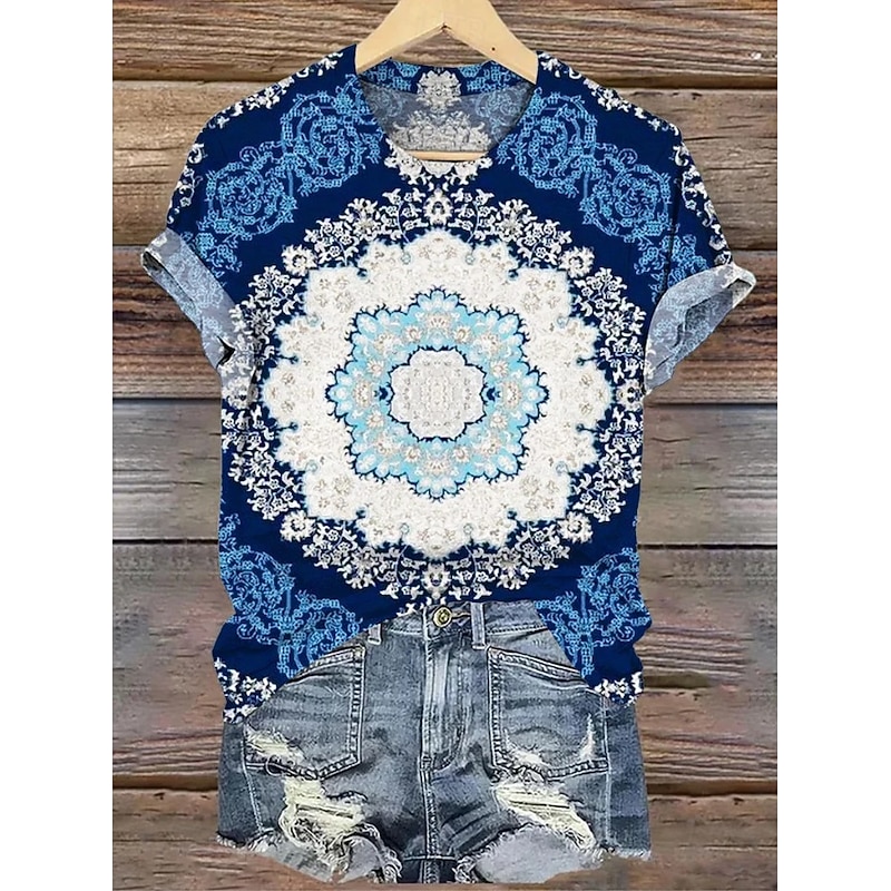 Women's T Shirt Floral Graphic Vintage Fashion Stylish Short Sleeve Round Neck Regular Tops Daily Going out Weekend Print Yellow Pink Blue Gray Summer4