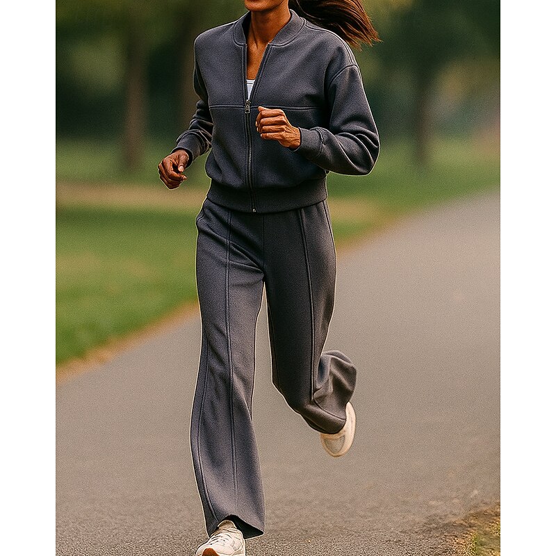 Women's Tracksuit Sweatpants Track Pants Zipper Pocket Solid Colored Clothing Suit Spring Dark Grey Black Gym Training Running Windproof Long Sleeve Sport Activewear Micro-elastic Regular Fit3
