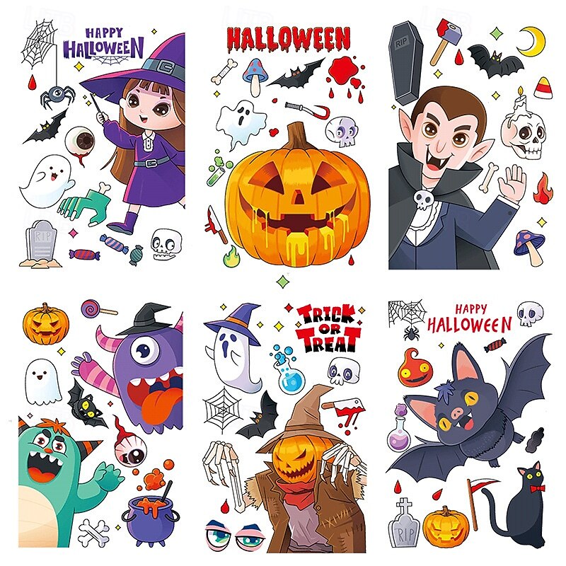 6 Sheets Halloween Window Cling Sticker Decals Decorations Double Side, Cute Cartoon Witch Bat Pumpkin Skull Static Stickers for Glass and Halloween Party Window Decor4