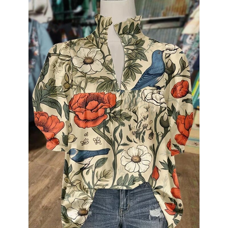 Women's Shirt Floral Stylish Modern Half Sleeve V Neck Regular Tops Daily Holiday Print White Blue Green Khaki Summer4