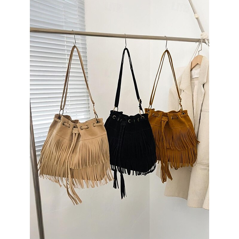 Women's Faux Suede Fringe Bucket Shoulder Bag – Bohemian Drawstring Crossbody Purse for Casual Outings, Festivals and Daily Wear3