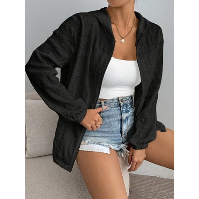 Women's Casual Jacket Breathable Comfortable Zipper Casual Plain Vacation Street Casual Daily Wear Zipper Regular Hooded Regular Fit Long Sleeve Outerwear Black White Purple Summer Spring4