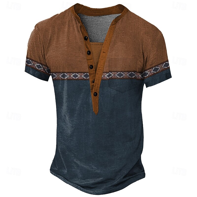 Men's Geometric Tribal Ethnic T Shirt Henley Shirt Tee Short Sleeve Vintage Designer Basic Outdoor Casual Daily Summer Light Green Navy Blue Khaki Henley Henley T-Shirt4