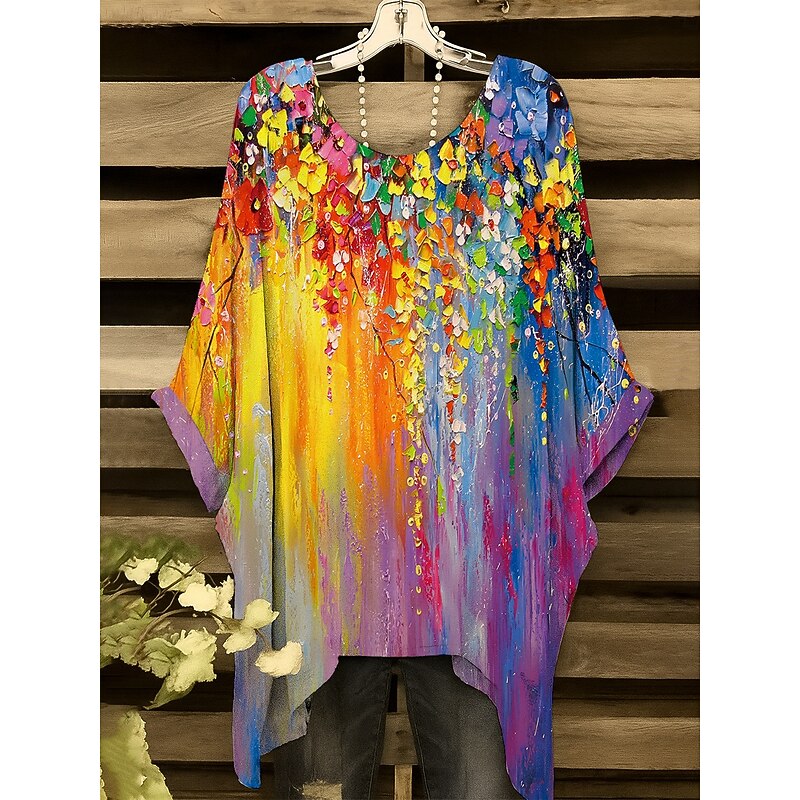 Women's Blouse Floral Graphic Elegant Vintage Daily Short Sleeve Batwing Sleeve Crew Neck Regular Tops Daily Holiday Vacation Wear Yellow Red Purple Green Summer Spring