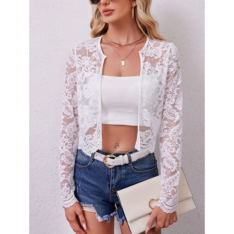 Women's Casual Jacket Breathable Comfortable Lace Patchwork Elegant Casual Plain Vacation Street Casual Daily Wear Open Front Short Crewneck Regular Fit Long Sleeve Outerwear Black White Summer Spring
