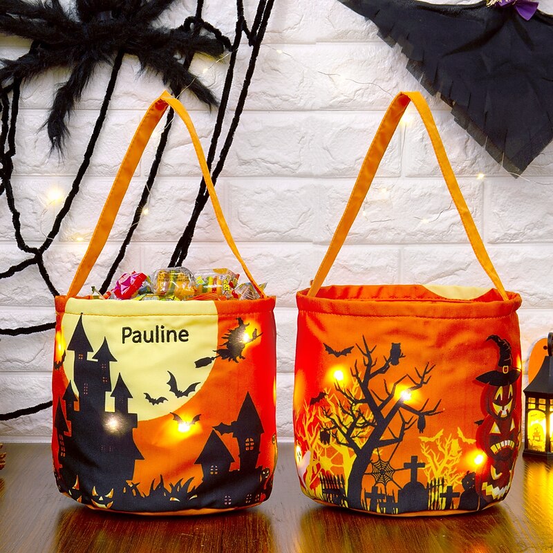 Personalized Name Halloween LED Treat Bag for Kids Custom Candy Tote Bag Basket for Trick or Treat, Glowing Pumpkin Ghost Theme, Light-Up Gift Bag with Name Embroidery, Perfect for Halloween Night and Party