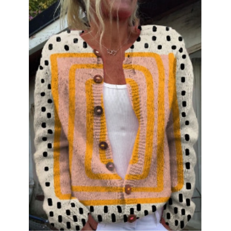 Women's Cardigan Sweater Knitted Ribbed Button Front Round Neck Long Sleeve Lightweight Elegant Fashion Streetwear Geometric Color Block Print Knit Outdoor Daily Weekend Black Yellow Fall Winter3