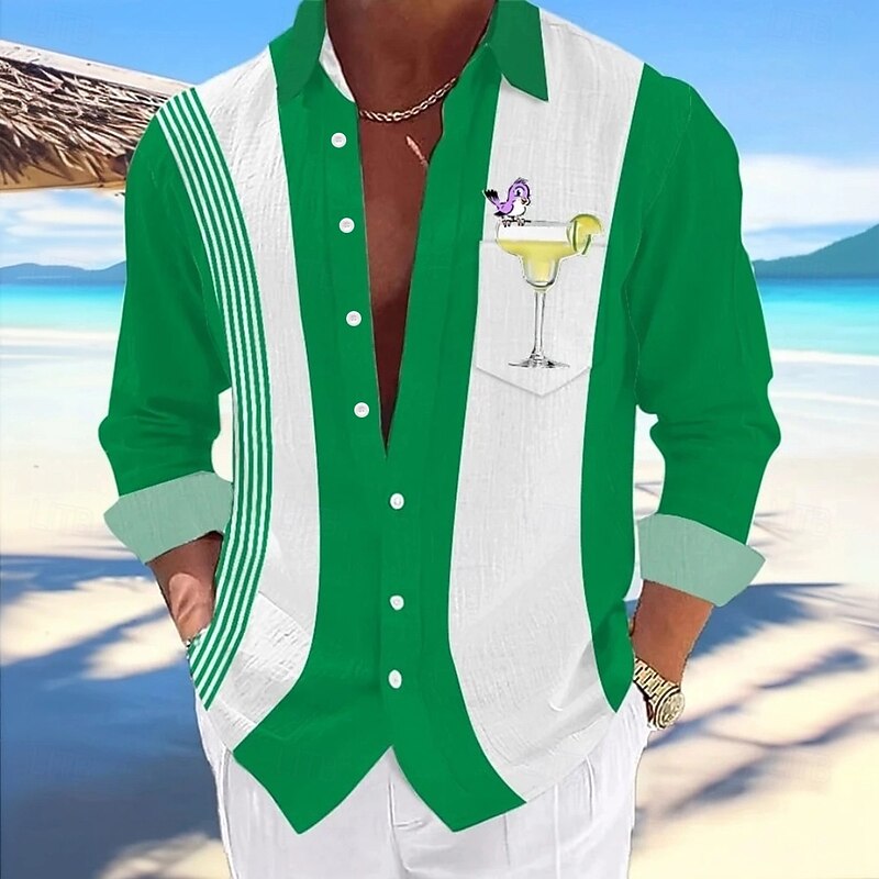 Men's Bird Cocktail Shirt Summer Hawaiian Shirt Button Up Shirt Long Sleeve Hawaiian Outdoor Vacation Holiday Spring Fall Turndown 3D Print Linen Like Shirt Light Green Blue Purple Green4