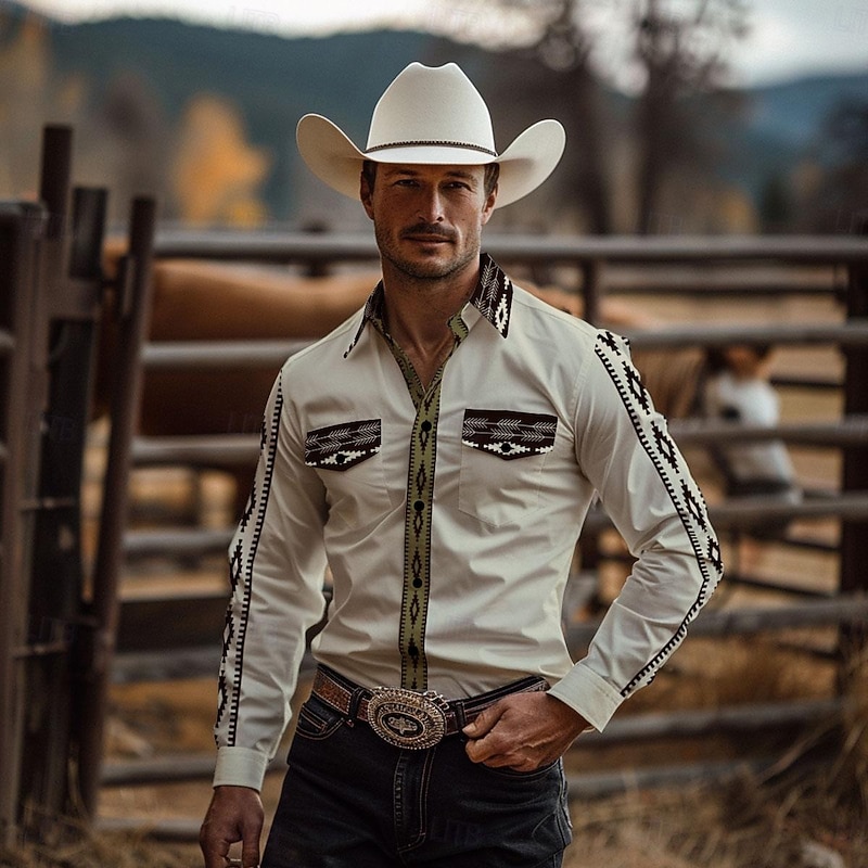 Men's Shirt Western Shirt Cowboy Shirt Long Sleeve Vintage Western Style Outdoor Street Casual Daily Fall & Winter Turndown Buttons Print Khaki