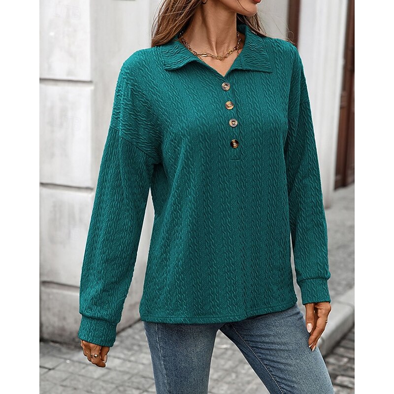Women's Pullover Sweatshirt Plain Streetwear Casual Comfy Long Sleeve V Neck Regular Tops Street Holiday Going out Buttons Wine Navy Blue Green Gray Fall4