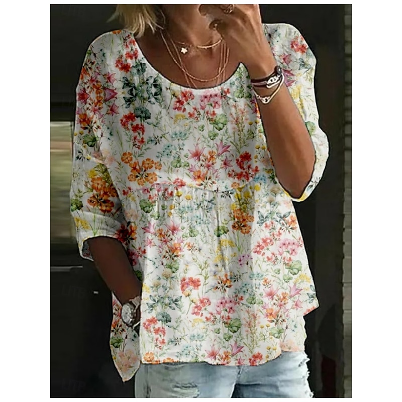 Women's Blouse Floral Stylish 3/4 Length Sleeve Crew Neck Regular Tops Daily Holiday Print White Light Green Pink Red Green Summer