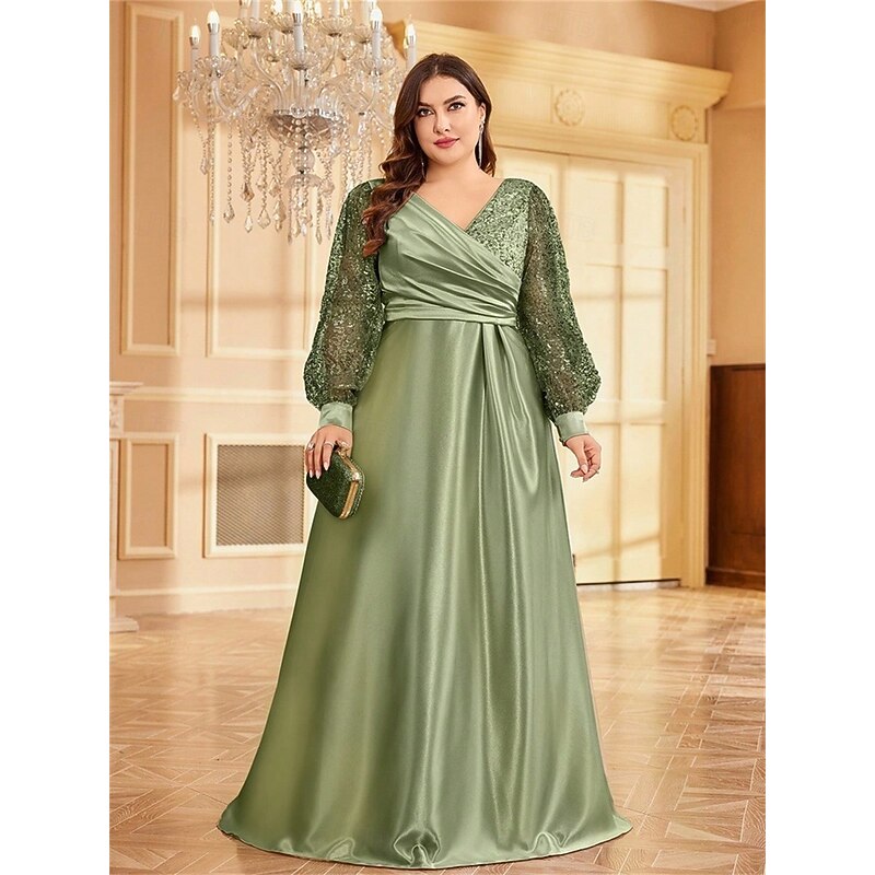 A-Line Plus Size Dresses Elegant Curve Dress Formal Wedding Floor Length Long Sleeve V Neck Polyester with Pleats