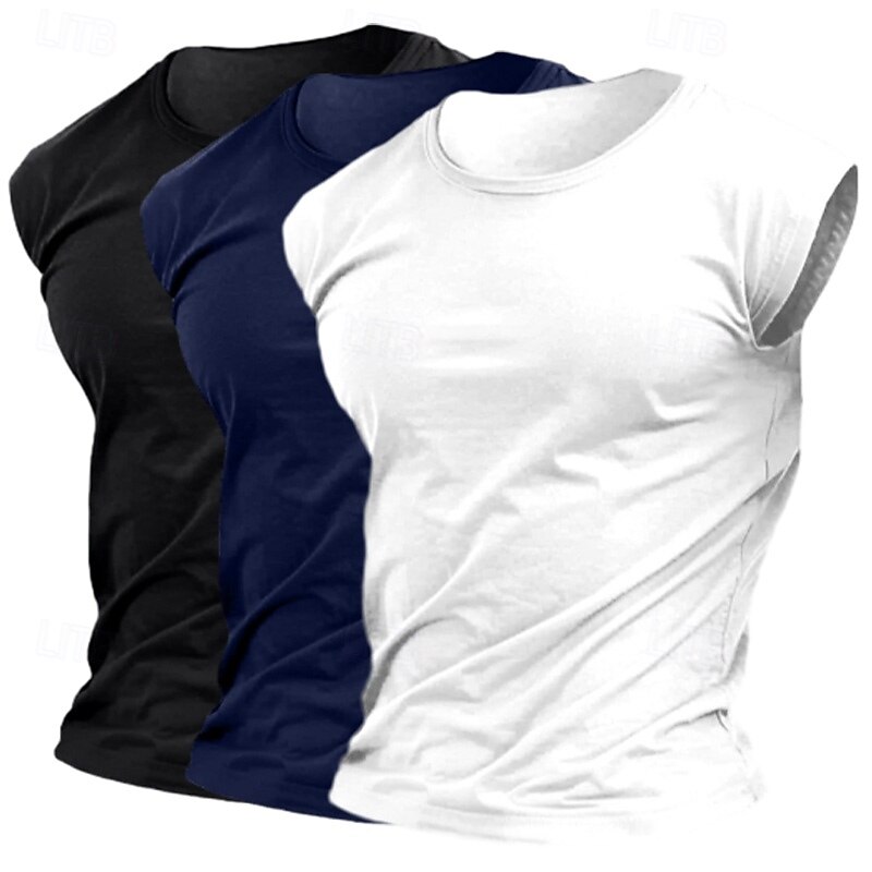 3-Piece Men's T Shirt Moisture Wicking Shirts Sleeveless Short Sleeve Crew Neck Summer Plain Sports Fashion Lightweight Vacation Casual Holiday Top Tee for Men4