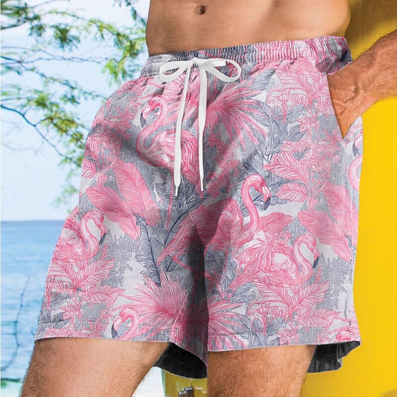 Men's Flamingo Bird Palm Leaf Swim Trunks Swim Shorts Board Shorts Mid Waist Streetwear Hawaiian Vacation Side Pockets Mesh Lining Elastic Drawstring Waist Designer Clothing Apparel