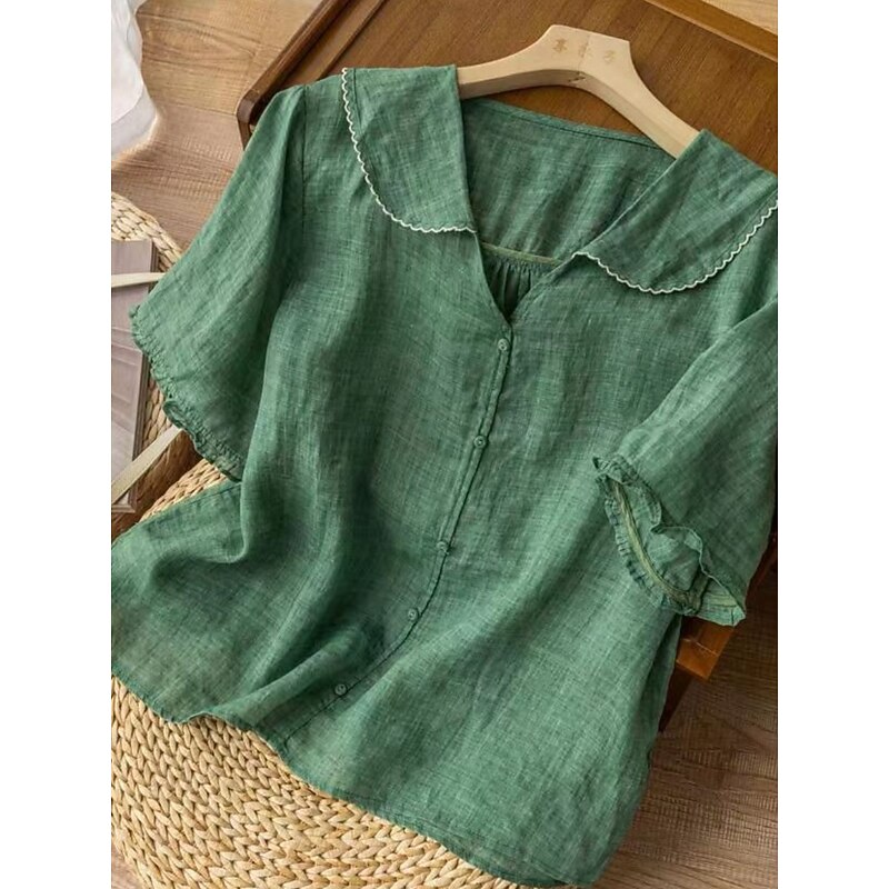 Women's Cotton Linen Shirts Solid Color Basic Casual Short Sleeve Shirt Collar Regular Tops Daily Buttons White Pink Blue Orange Green Summer Spring