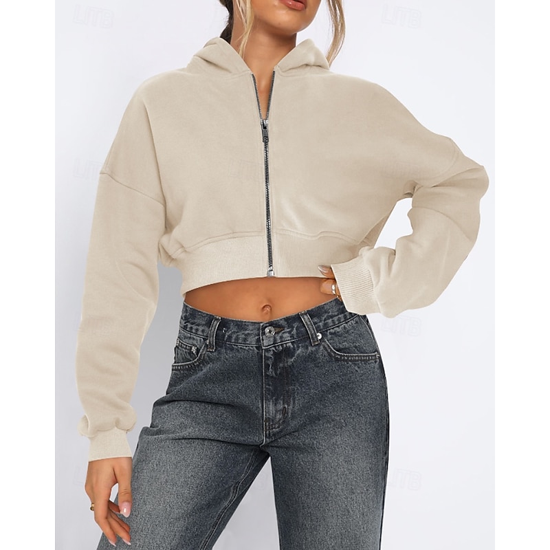 Women's Hoodie Running Jacket Zipper Pocket Long Sleeve Jacket Athleisure Fall Solid Colored Thermal Warm Windproof Tennis Golf Running Sportswear Activewear Dark Grey Apricot Black3