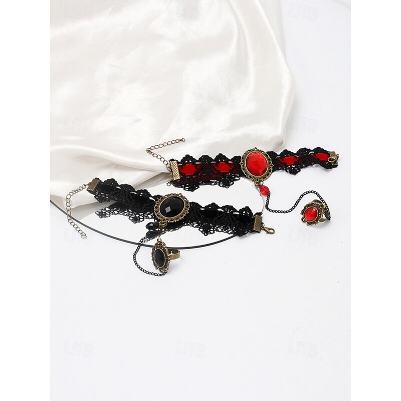 Women's Gothic Lace Bracelet Ring Set with Red Gemstone, Vintage Chain Hand Jewelry for Halloween Party, Cosplay and Retro Style Outfits3