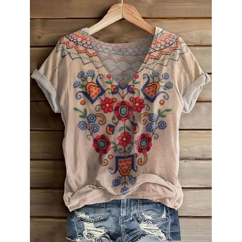 Women's T Shirt Floral Graphic Paisley Bohemia Vintage Stylish Short Sleeve V Neck Regular Tops Daily Going out Weekend Print Blue Khaki Summer Spring2