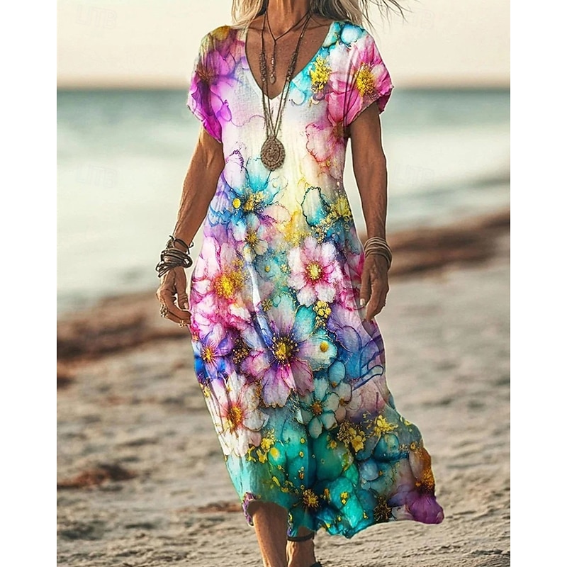 Women's Long Dress Maxi Dress Casual Dress Summer Dress Fashion Outdoor Party Holiday Regular Fit Flower Short Sleeve V Neck Yellow Blue Purple Brown Summer2