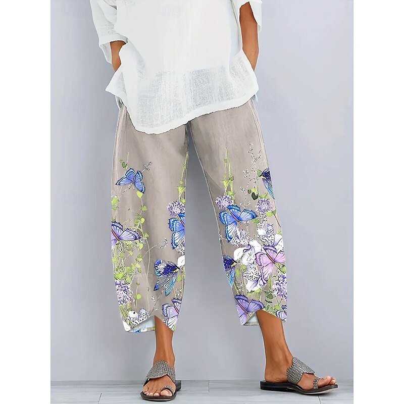 Women's Chinos Baggy Pants Vacation Vintage Ethnic Style Full Length High Waist Floral Graphic Butterfly Drawstring Patchwork Printing Breathable Micro-elastic Vacation Street Causal Gray Green Light
