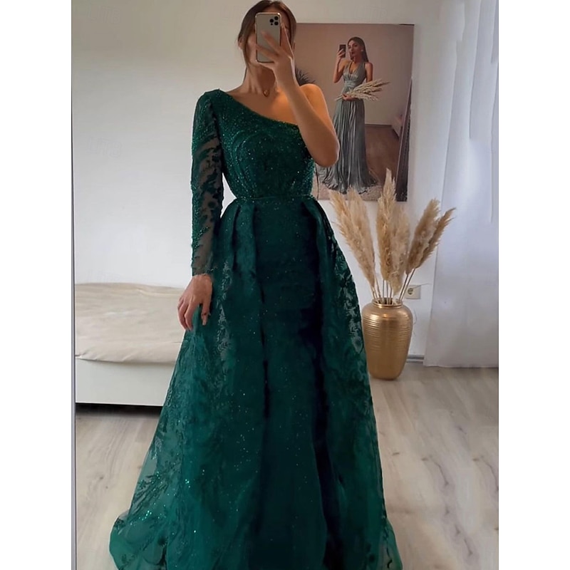 A-Line Evening Gown Elegant Dress Formal Wedding Floor Length Long Sleeve One Shoulder Lace with Sequin4