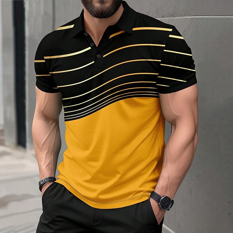 Men's Geometic Line Polo Short Sleeve Polo Shirts Collared Shirts Casual Athleisure Buttons Summer Yellow