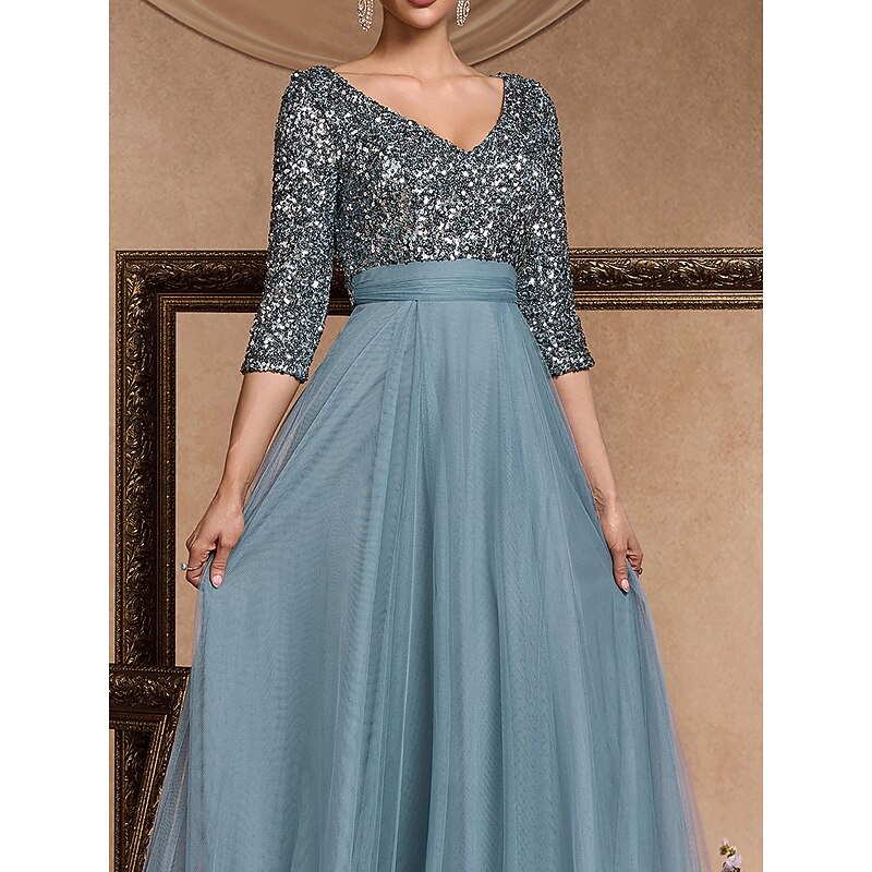 A-Line Evening Gown Elegant Dress Formal Wedding Floor Length 3/4 Length Sleeve V Neck Sequined with Sequin4