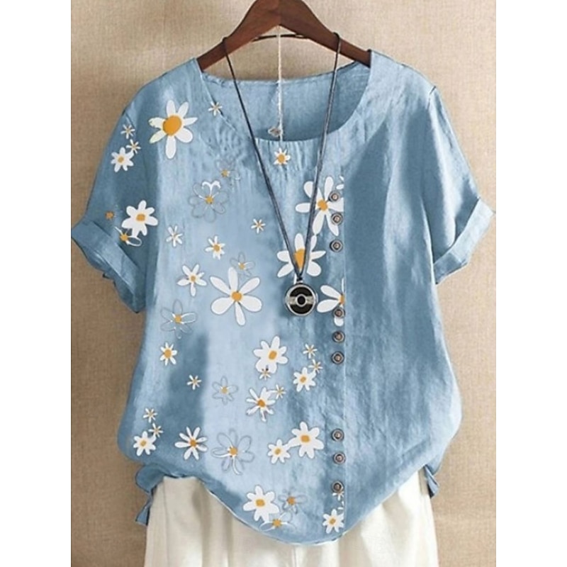 Women's Cotton Linen Shirts Floral Basic Casual Short Sleeve Crew Neck Regular Tops Daily Embroidered Navy Blue Green Light Blue Summer Spring