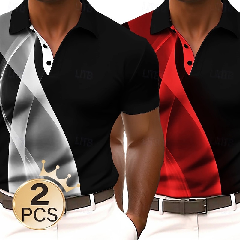 Men's 2Pcs  Geometic Line Polo Short Sleeve Polo Shirts Lapel Business Casual Business Athleisure 3D Print Buttons Summer